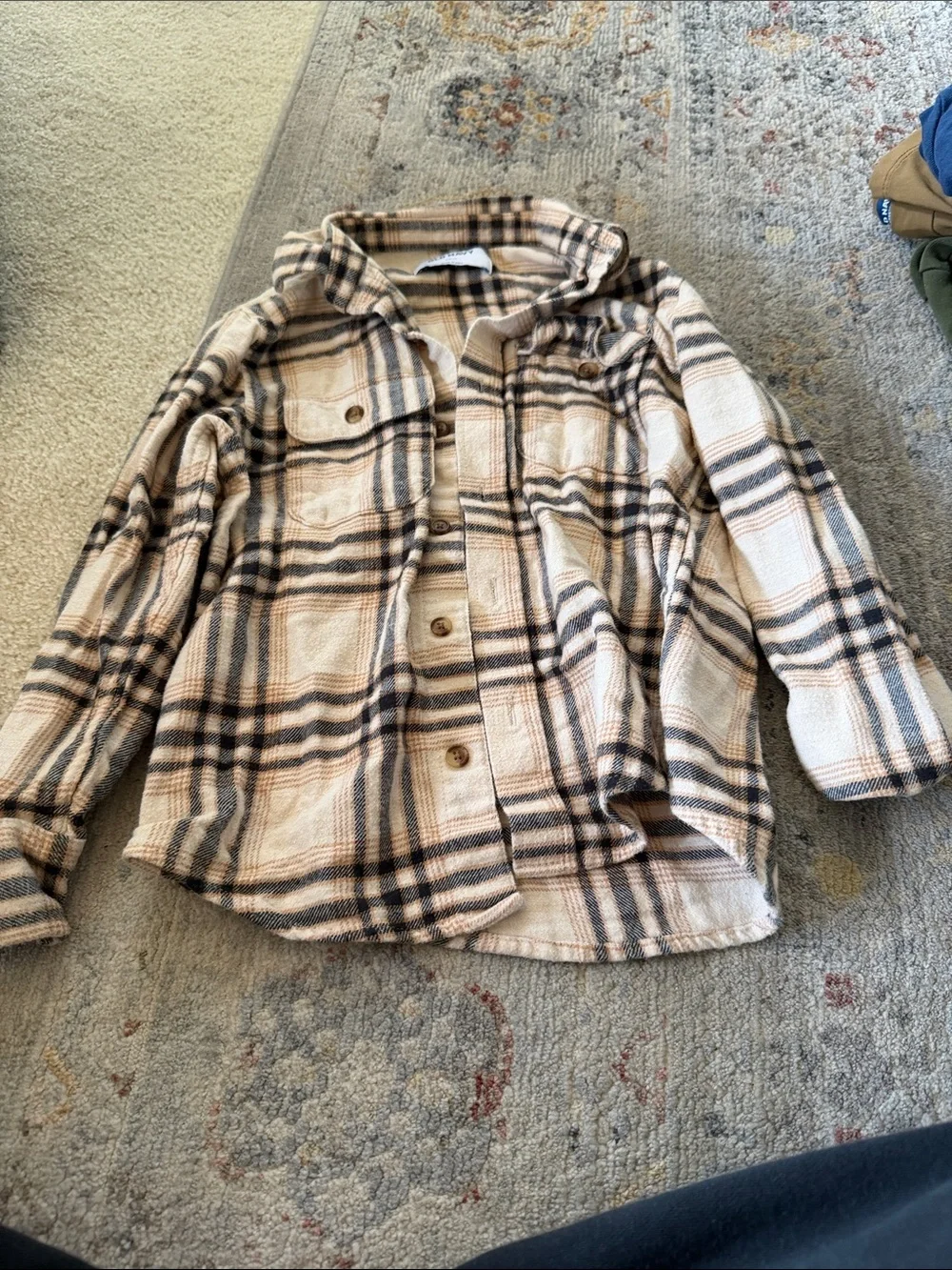 Old Navy Cream, Black & Tan Plaid Button-Down Shacket